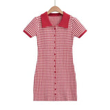 Trend Women's Lapel Small Diamond Lattice Single-Breasted Short-Sleeved Lapel Skirt Knitted Breasted Dress-Outfit