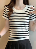 New Summer Style Xiaoxiangfeng Spliced Striped Short-Sleeved Knitted Cedar Thin Ice Silk T-Shirt-Outfit
