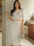 Han Queen Hot Sale Spring White 2 Pieces Set Women Short Tops + High Waist Pencil Skirts Casual Simple Office Lady Skirt Suit-Outfit