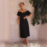Summer Women's New Temperament Pure Color V-Neck Sexy Elegant High-Waisted Dress
