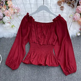 New Spring Fashion All-match slash neck off shoulder Blouse ruched waist slim Ruffle Shirt