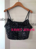 Women Sexy Fashion Shinny Sequin Cropped Tank Tops Vintage Backless Thin Straps Female Camis
