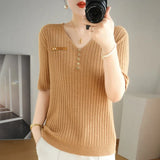 Toloer 2024 New Short Knit Women's Fashion Slim Short-Sleeve T-Shirt Thin Medium Sleeve Top-Outfit