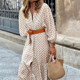 Toloer Spot 2024 Autumn / Winter New Fashion Belt Printing V-Collar Simple Temperament Long Dress-Outfit