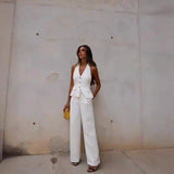 New Women's Folding Decoration High-Waist Wide Leg Pants Leak Back Hanging Neck