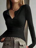 Solid Color Breasted V Neck Slim Long Sleeve Knit-Outfit