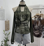 Hottie Hanging Neck A Word Shoulder Collar Long Sleeve Mesh Yarn T-Shirt