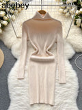 Sheath Women Dress Fashion Turtleneck Long Sleeve A Line Bodycon Dress Female Solid Streetwear Knitted