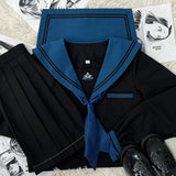 School Girl JK Uniform Skirts Suit Women Girl Bow Sailor Blouses Pleated Short Skirt Sailor Uniform JK Navy Costumes-Outfit