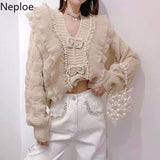 Women Sweater Fashion Patchwork Lace Ruffles Knit Cardigan Korean Beading Pink Y2K Tops 2023 Autumn Woman Swaters