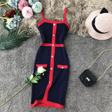 Color Striped Tight Stretchy Knit Tank Dress Single Breasted Buttons Ladies Party Sexy Body-con Step Knit