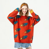 Full Rocket Launch Embroidery Sweater Harajuku Retro Style Knitted Sweater Autumn And Winter Cotton Pullover