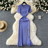 Toloer Senior Sense Dress Female Summer Sexy Sequins Slit Waist Show Thin Round Collar Short Sleeves In The Long Knit