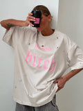 Do Old Water Washing Letter Design Printing Short-Sleeved Women's Spring And Summer Loose Round-Neck T-Shirt Lazy