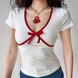 Toloer French Bow Patchwork Color Top Female Girl Slim Short V-Neck Short-Sleeved