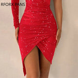 Women Glitter Glamorous One Shoulder Asymmetrical High Silt Bodycon Midi Sexy Formal Party Red Dress-Outfit