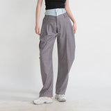Toloer New Contrast Color Jeans Splicing Casual Pants Half Loose Waist Loose Pleated Show Thin Plaid Harun Pants-Outfit