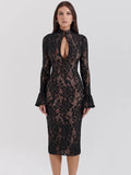 Black Lace Front Slit Long Sleeve Midi Dress-Outfit