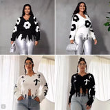 Hole Tuxed Sweater Dark Long Sleeve Loose Knitted