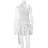 White Satin Halter Frill Flower Drape Mini Dress-Outfit
