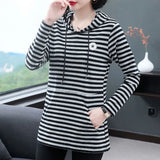 Women's Autumn Winter New Long Sleeve Sweatshirts Hooded Round Neck Pullovers Casual Medium Length Fashion Loose Striped Tops-Outfit