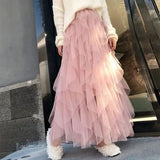 Elastic Black Tulle Skirts Women 2023 Elegant High Waist A Line Casual Faldas Korean Style Pink Y2k Long Pleated