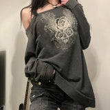Toloer 2024 New Dark Wind Vintage Print Loose Jacket Diagonal Collar Hoodie Coat Female-Outfit