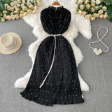 Temperament Heavy Industry Pearl Wood Ear Round Collar Dress Women's Summer New Waist Thin 100 Folded Long