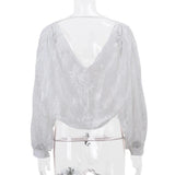 White Lace Mesh 3d Flower V-neck Long Sleeve Crop Top-Outfit