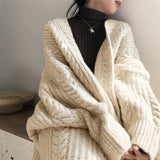 Cardigan Women Autumn Winter Twist knitted Jacket Retro Thick Loose Long Sweater for Ladies Simple Woman
