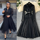 Retro Elegant Dress Women Winter High Hook Lace Splicing Mesh Yarn Irregular Knee