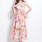 Slicing Hollow Lace Splicing Small Flying Sleeves To Close The Belt With Thin Temperament Single-Drace Printed