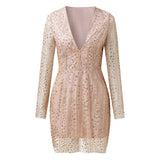 New Women's Ebay Dress Deep V Perspective Long Sleeve Short Dress Sprinkled Gold