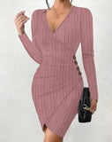 Autumn And Winter New Solid Color V Collar Tight Package Hip Slim Sexy Long-Sleeved Dress Woman-Outfit