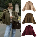 Spring New Women's Fashion Army Green Velvet Effect Short Long Sleeve Epaulets
