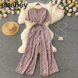 Beach Rompers Female Short Sleeve V Neck Elastic Ruched Loose Casual Bohemian Print Jumpsuits Summer