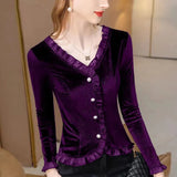 Womens T-shirt Spring Summer V-Neck Long Sleeve Solid Color Button Fashion Casual Tees Stylish Blouses Elegant Tops-Outfit