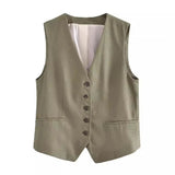 Toloer 2023 Summer V-Neck Solid Color Single Breasted Vest High Waist Wide-Leg Pants Shorts Set 9ZS2251-Outfit