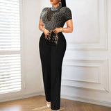 Round-Neck Short-Sleeved Nail Beads Jumpsuit Casual Wind High Waist Thin Party Dress