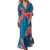 Women's New Elegant Temperament Printing Fashion T-Shirt With Waist Bubble Long-Sleeved Dress