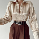 Vintage Korean Silk Shirts Satin Long Sleeve Blouses Women Blue Green Casual Loose Button Up Female Shirts Women Tops