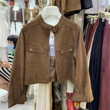 Retro Standing Collar Leather Velvet Early Autumn Coat Female Short Style Fashion Loose Casual Motorcycle Suit Small Jacket Jacket-Outfit