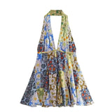 Toloer Summer New Fashion V Collar Sling Sexy Print Hanging Neck Collar Short Dress Woman-Outfit