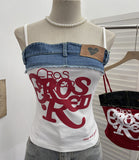 Letter-Print Spliced Denim Sling Vest Repair Outside The Hot Babes Bumpy Short Sleeveless Top