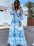 Autumn Dress Long Leaf Print V-Neck Hollow Out Long Sleeve Casual Womens Frock Traf Vestidos Para Mujer Robe Sexy