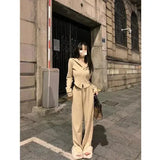 Two Piece Sets Women Solid Casual Slim Fit Hooded V Neck Zipper Full Sleeve Tops Coats Wide Leg Long Pants Set 2023-Outfit