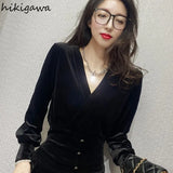 Blouses for Women V-neck Slim Fit Black Velvet Shirts 2023 Blusas Mujer De Moda Fashion Temperament Korean Blouse