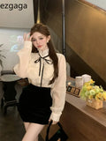 Elegant Shirts Women French Style Bow Stand Collar Long Sleeve Ruffles Spring Summer Office Lady Blouse Fashion Tops-Outfit