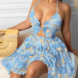 Women's Dress 2025 Hollow Strap V Tie Temperament Hanging Neck Print Sling