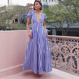New Low-Chested V-Neck Fashion Striped Print Bubble Sleeve Dress